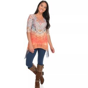 Women’s Orange One World Knit & Woven Elbow Sleeve Sharkbite Top